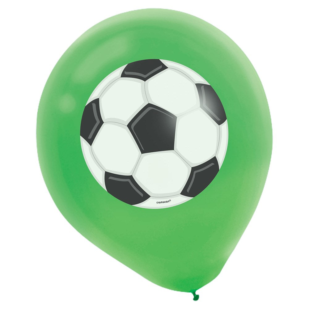 Green latex balloon with a black and white soccer ball print in the center.