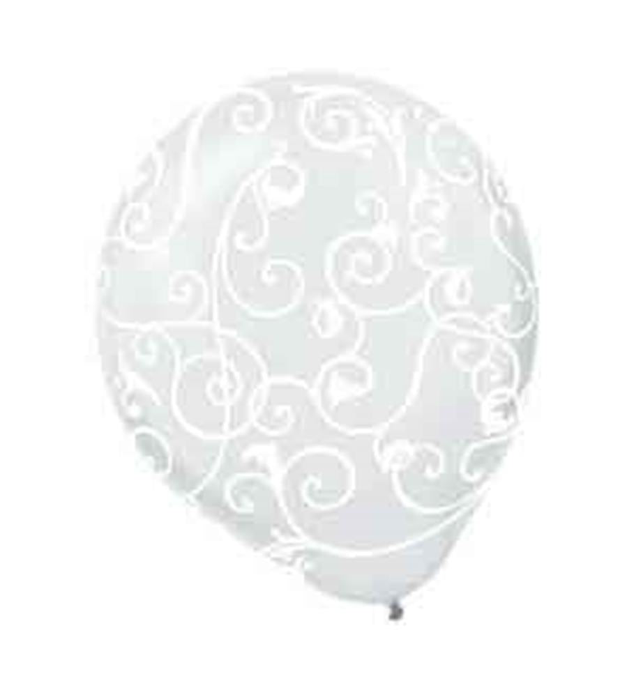Clear white latex balloon with elegant white scroll print, 12-inch round shape.