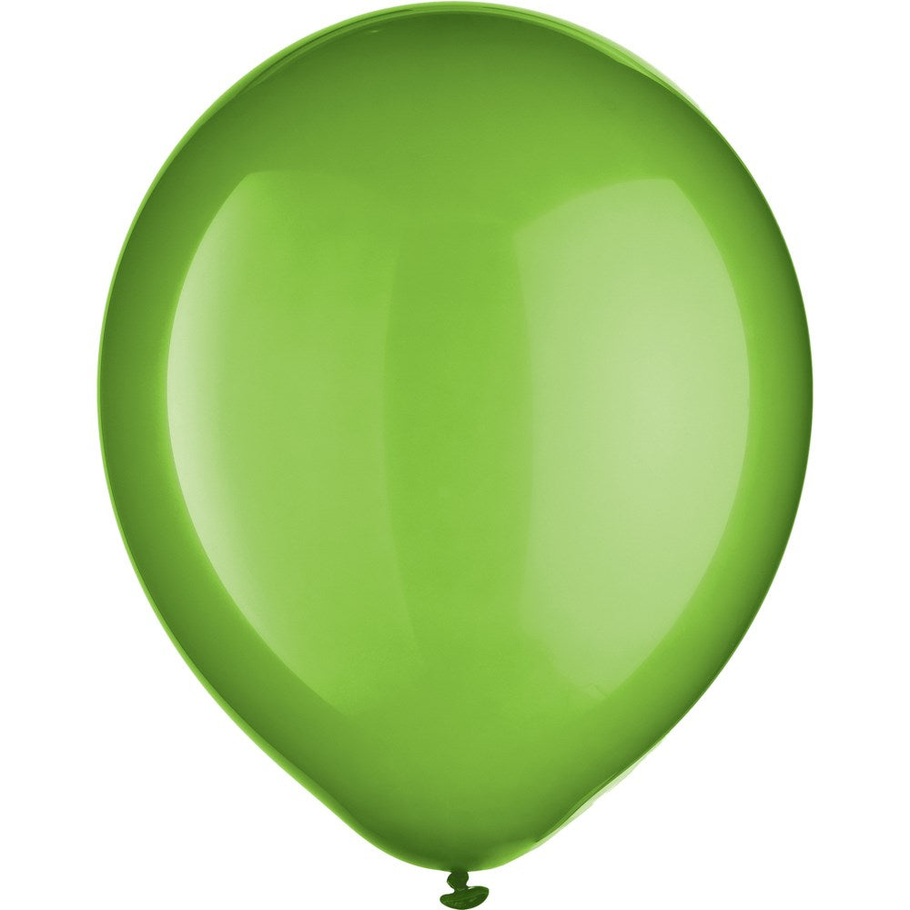 Glossy kiwi green latex balloon, round 12-inch shape, smooth surface.