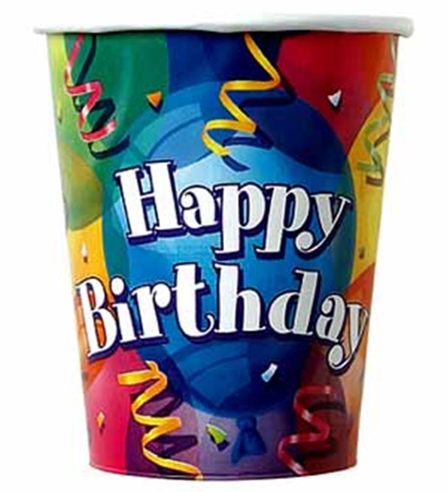 Colorful paper cup with "Happy Birthday" text and festive confetti and streamers design, 9oz size.
