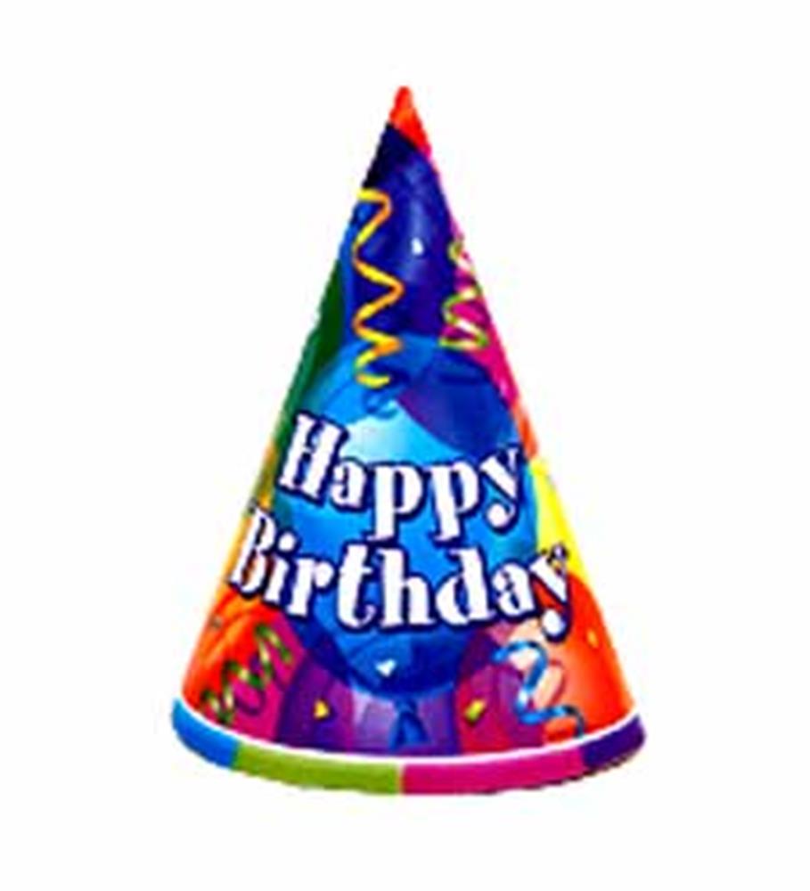 Colorful cone-shaped birthday hat with "Happy Birthday" text and confetti patterns.
