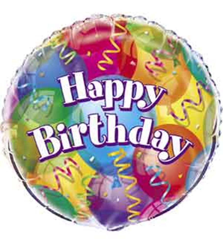 Round 18-inch foil balloon with colorful balloons and confetti background and "Happy Birthday" text in white and purple.