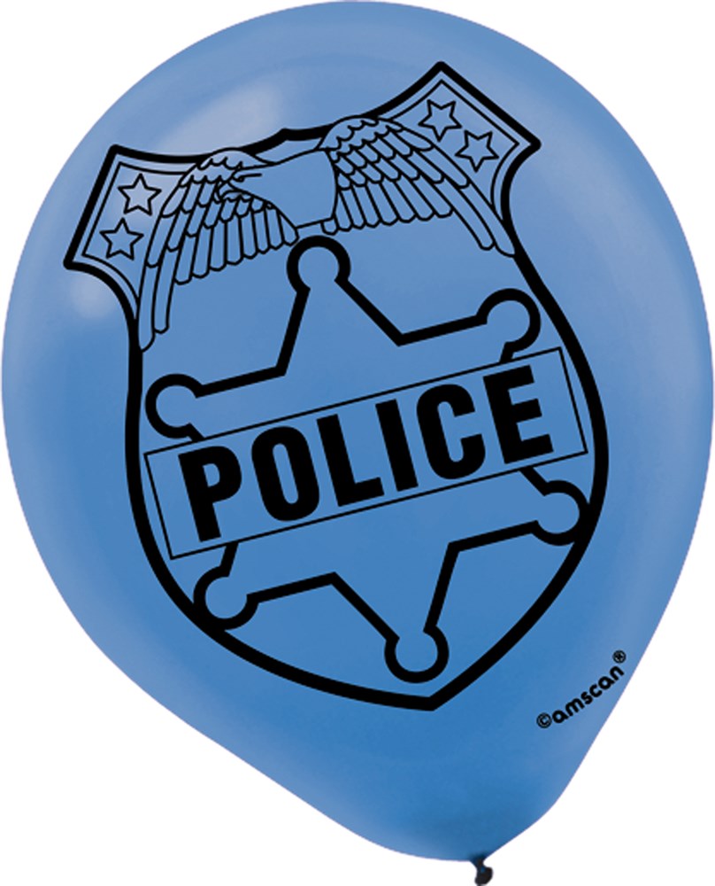 Blue latex balloon with a black police badge print featuring stars and wings design.