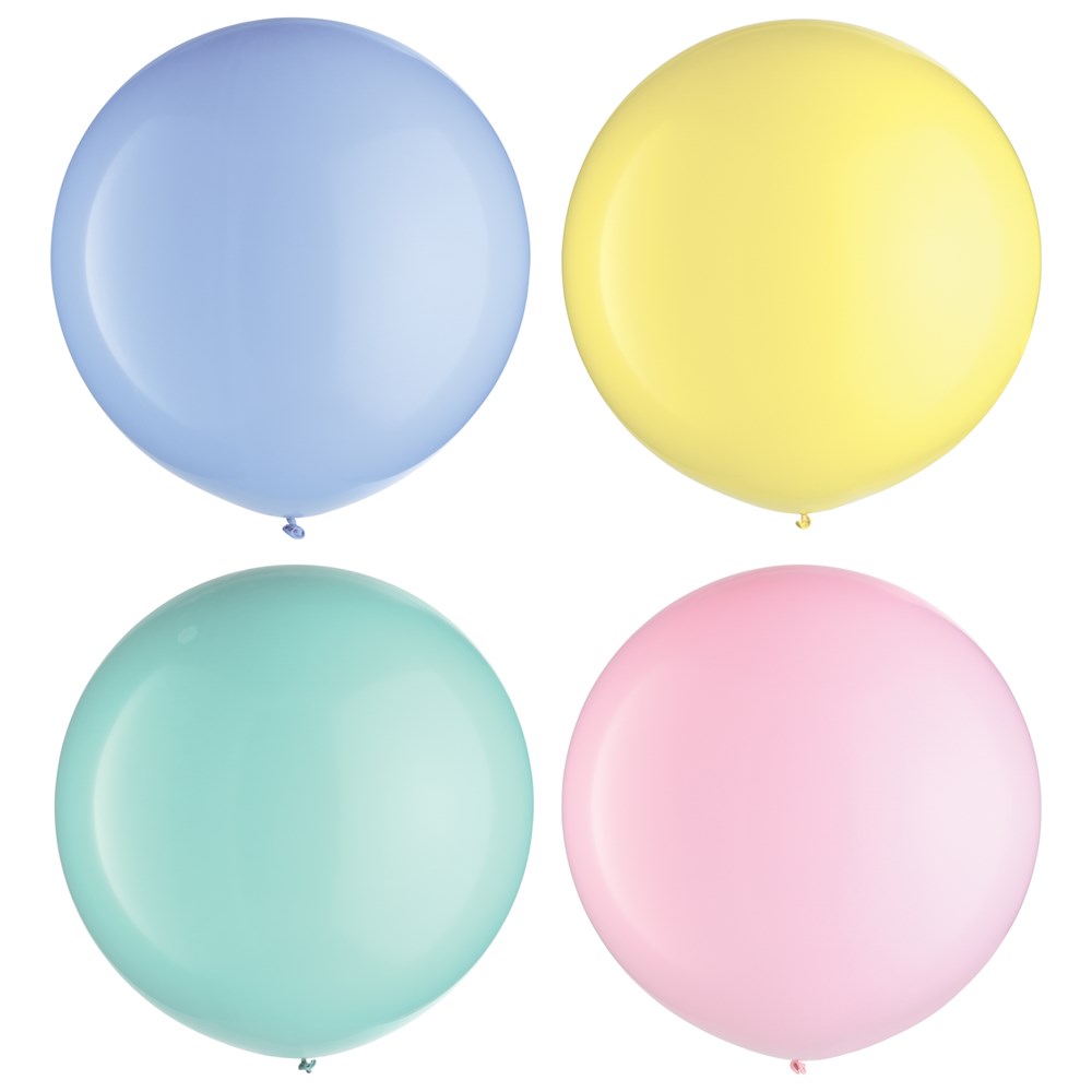 Set of four 21-inch round latex balloons in pastel blue, yellow, green, and pink colors.