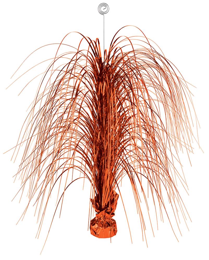 Orange peel spray centerpiece with thin metallic strands and a weighted base.