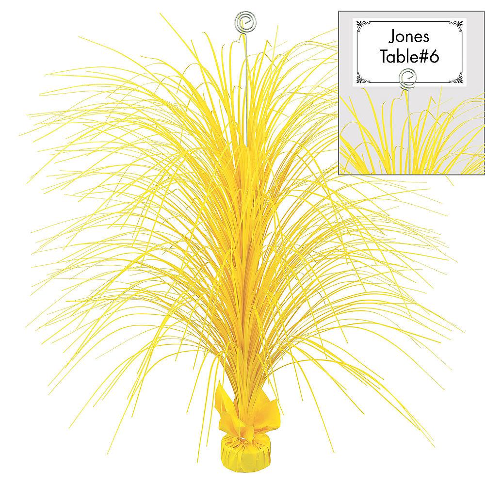 Sunshine yellow spray centerpiece with thin radiating strands and clip for holding name cards or signs.