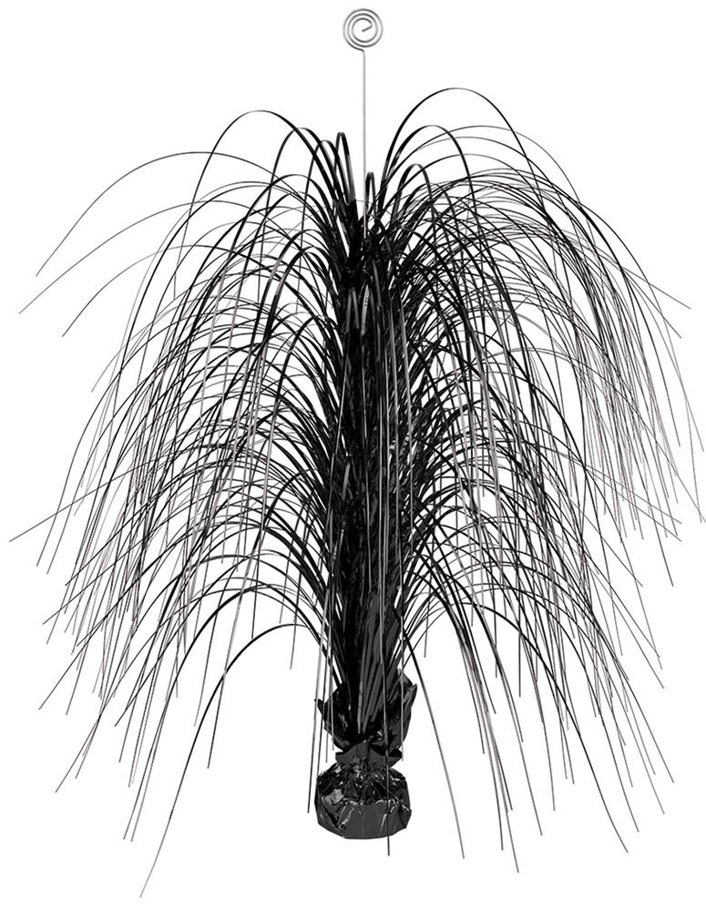 Large black foil spray centerpiece with thin, cascading strands and weighted base.