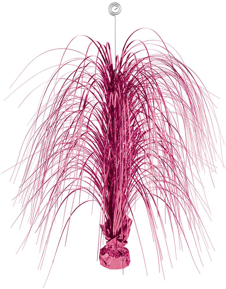 Bright pink spray centerpiece with long, thin metallic strands in a foil-wrapped base.