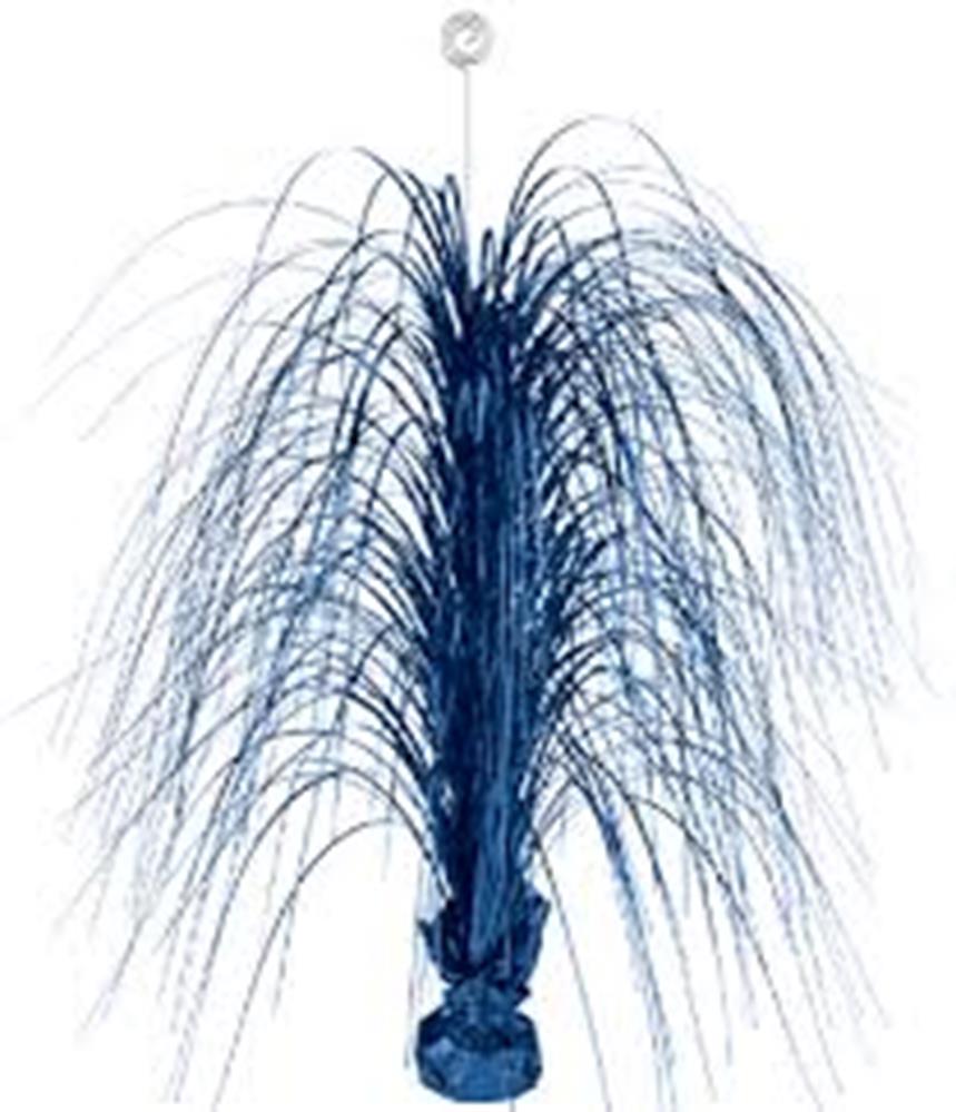 Large royal blue foil spray centerpiece with long strands and a circular topper.