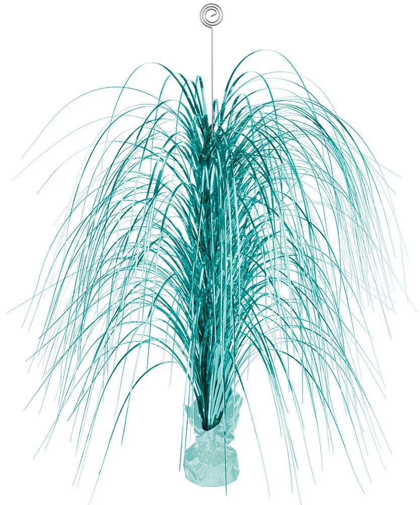 Robins egg blue spray centerpiece with thin, wispy strands in clear base.
