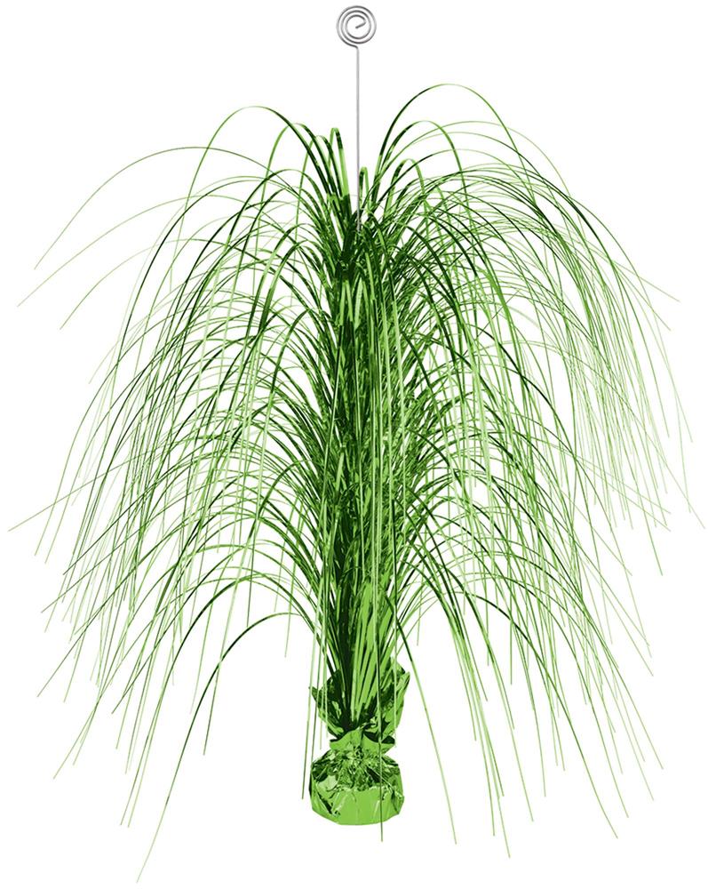 Tall spray centerpiece with long, thin green grass-like leaves in a kiwi green base wrap.