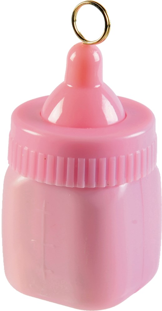 Pink plastic baby bottle-shaped balloon weight with a gold ring on top.