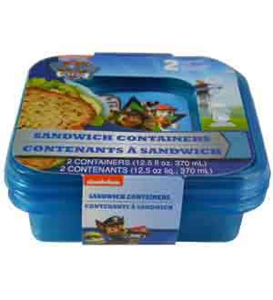 Blue plastic sandwich containers with Paw Patrol characters and logo on the lids, measuring 5.5x5.5x2 inches, set of two.