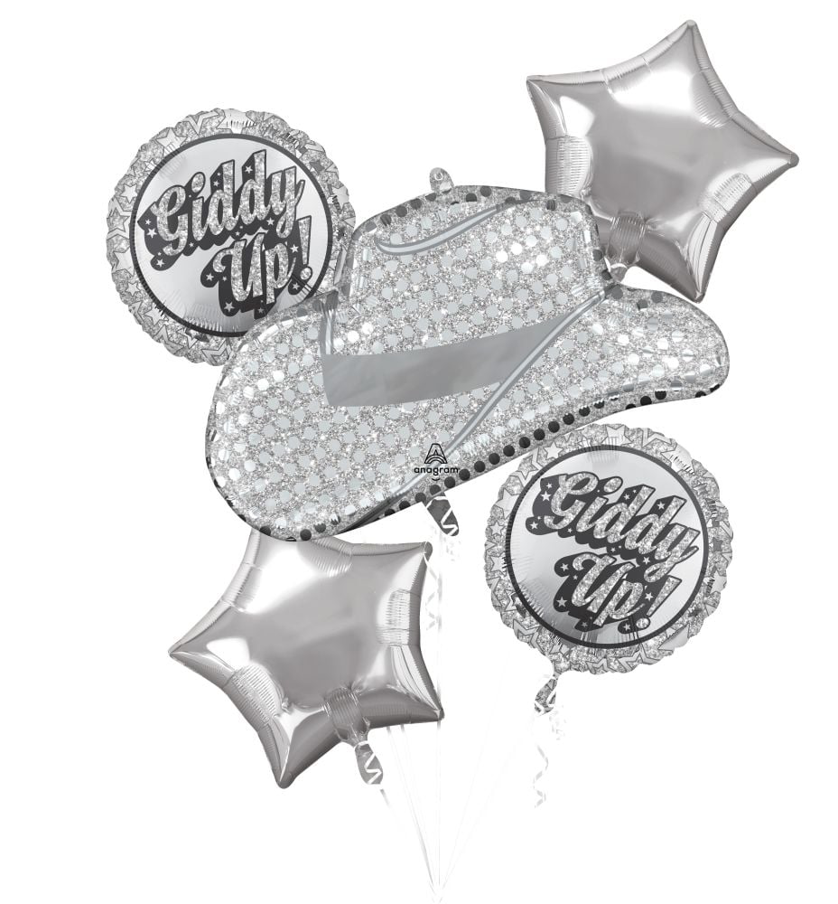 Silver foil balloon set with a patterned cowboy hat, two round "Giddy Up!" balloons, and two star-shaped balloons.