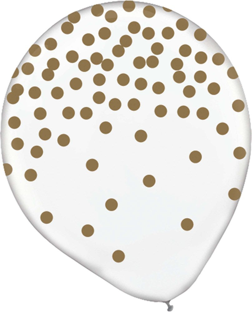 White latex balloon with scattered gold confetti dots on the upper half.