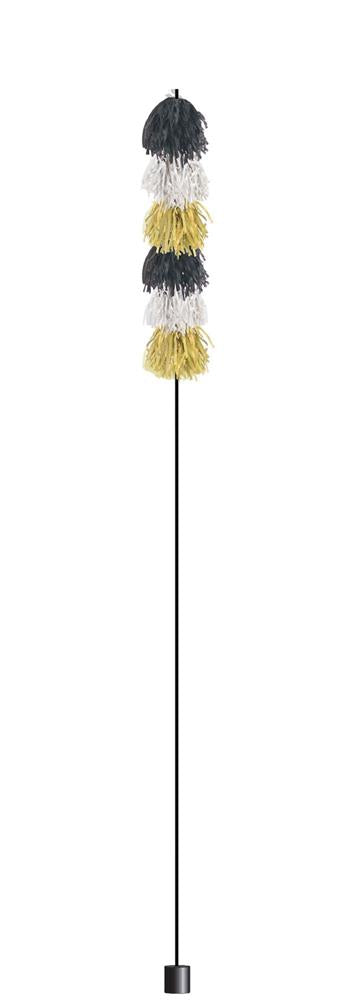 Black, gold, and white tissue paper tassel with a balloon tail design on a slim black stick.