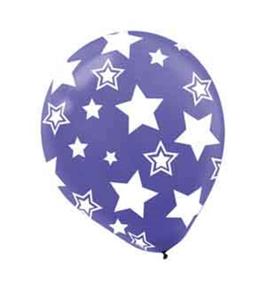 Purple latex balloon with white star patterns in various sizes.