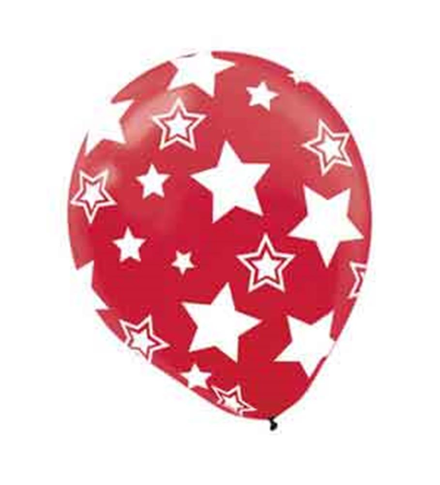 Red latex balloon decorated with various sizes of white star shapes.