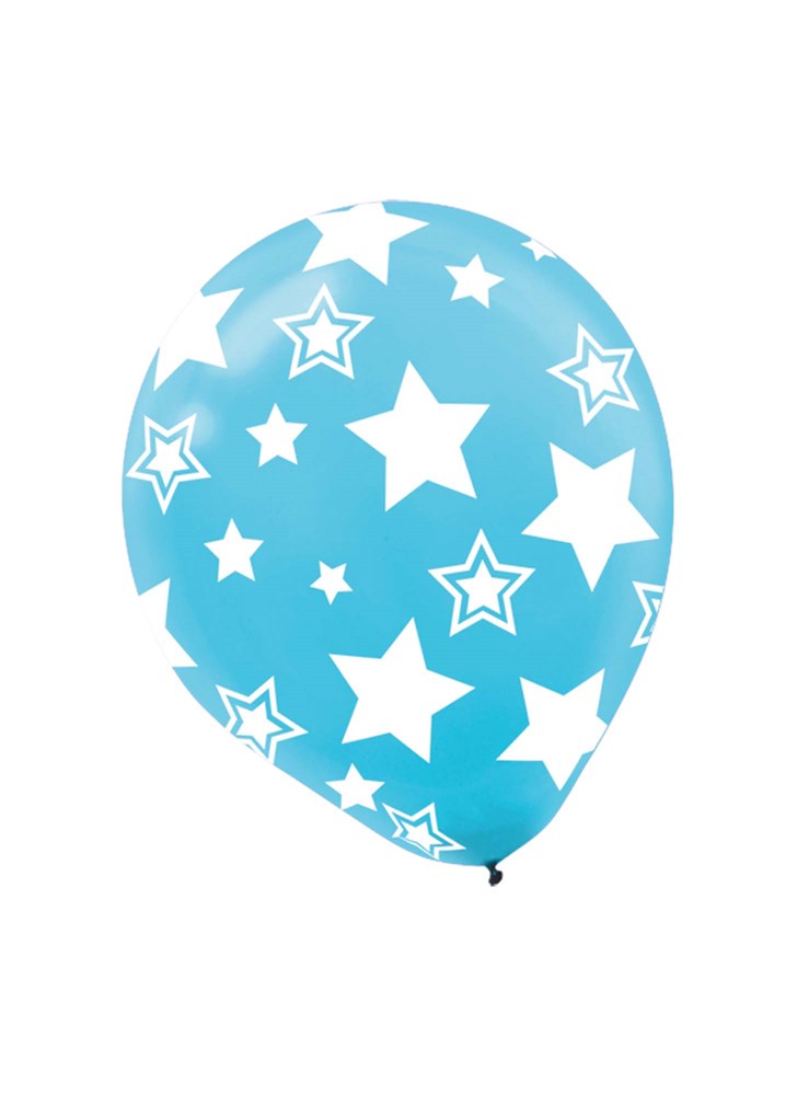 Light blue latex balloon decorated with various sizes of white star patterns.