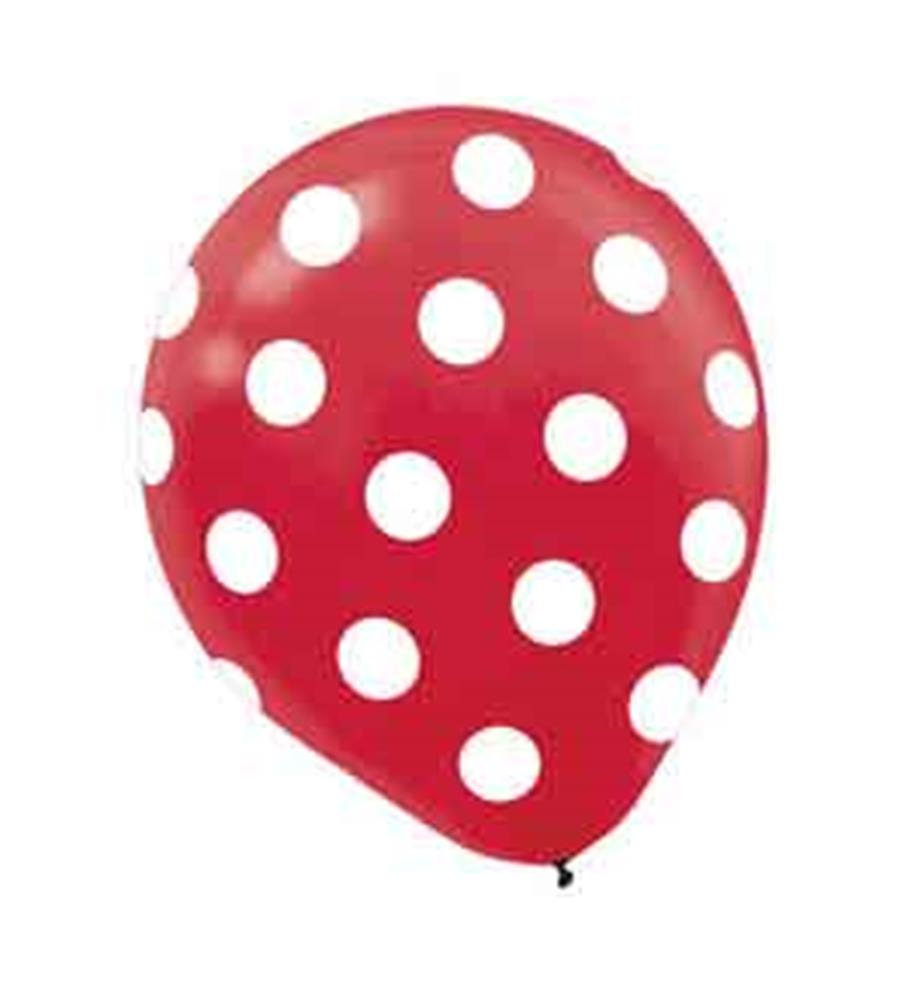 Red latex balloon with evenly spaced large white polka dots.