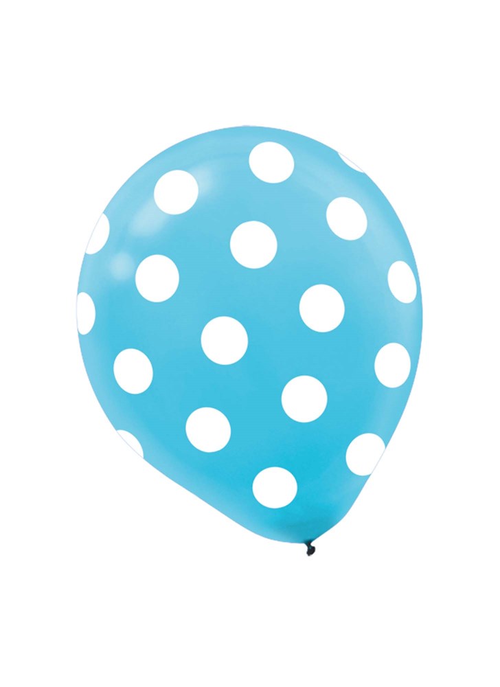 Caribbean blue latex balloon with evenly spaced white polka dots.