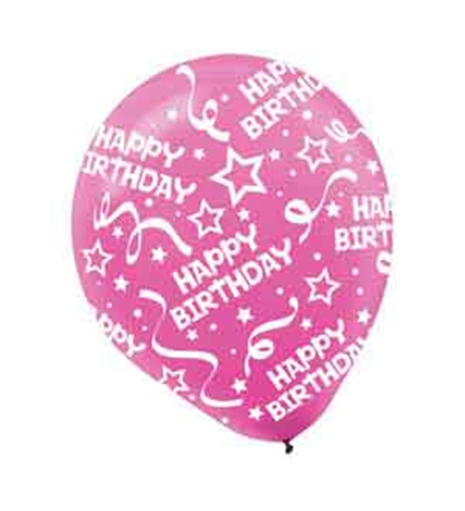 Bright pink 12-inch latex balloon with white "Happy Birthday" text, stars, and confetti print.