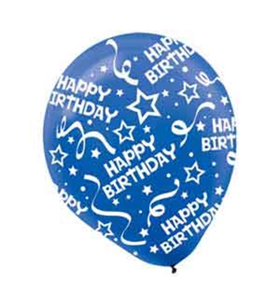 Bright royal blue latex balloon with white "Happy Birthday" text, stars, and confetti print.