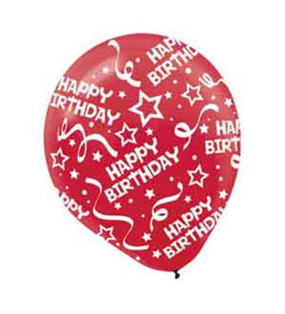Red foil birthday balloon with white stars, streamers, and "Happy Birthday" text.