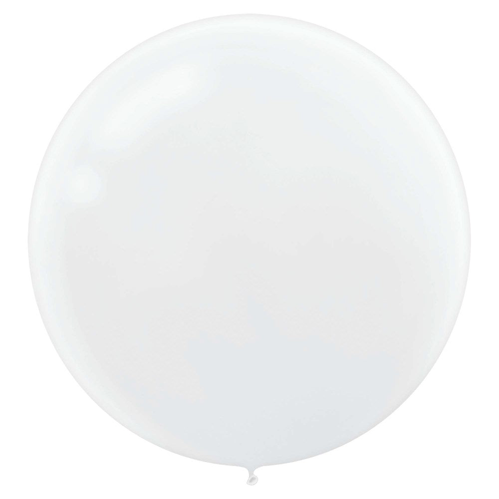 White round latex balloon inflated to 24 inches with a smooth surface and tied end.