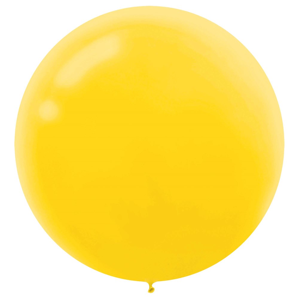 Bright yellow round latex balloon, 24-inch diameter, smooth surface, inflated, tied end visible.