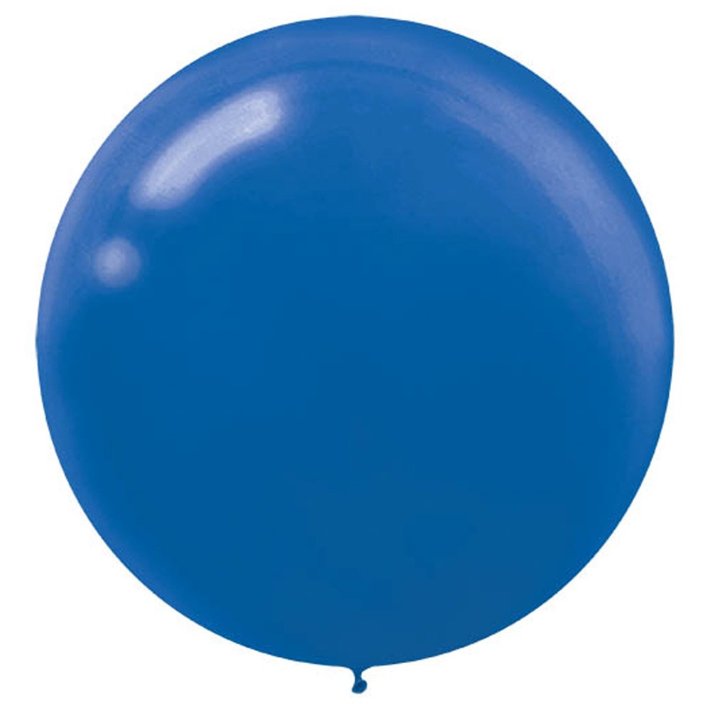 Round royal blue latex balloon, 24 inches, shiny surface, inflated and smooth.