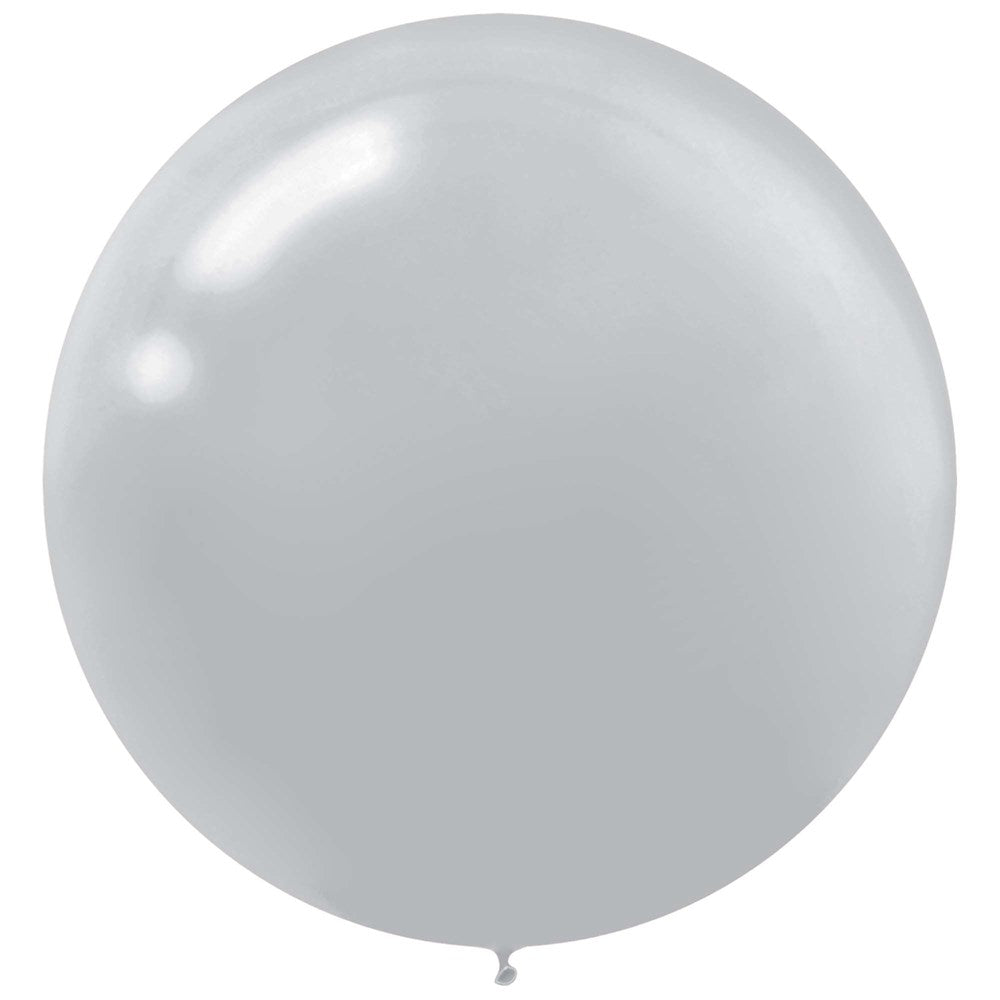 Pearlized silver round latex balloon, large 24-inch size, smooth metallic finish.