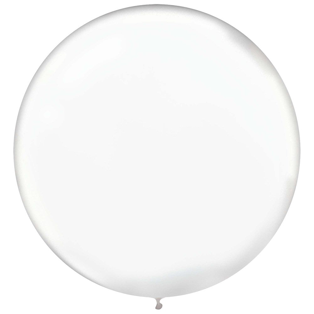 Transparent round latex balloon inflated, 24 inches diameter, smooth surface.