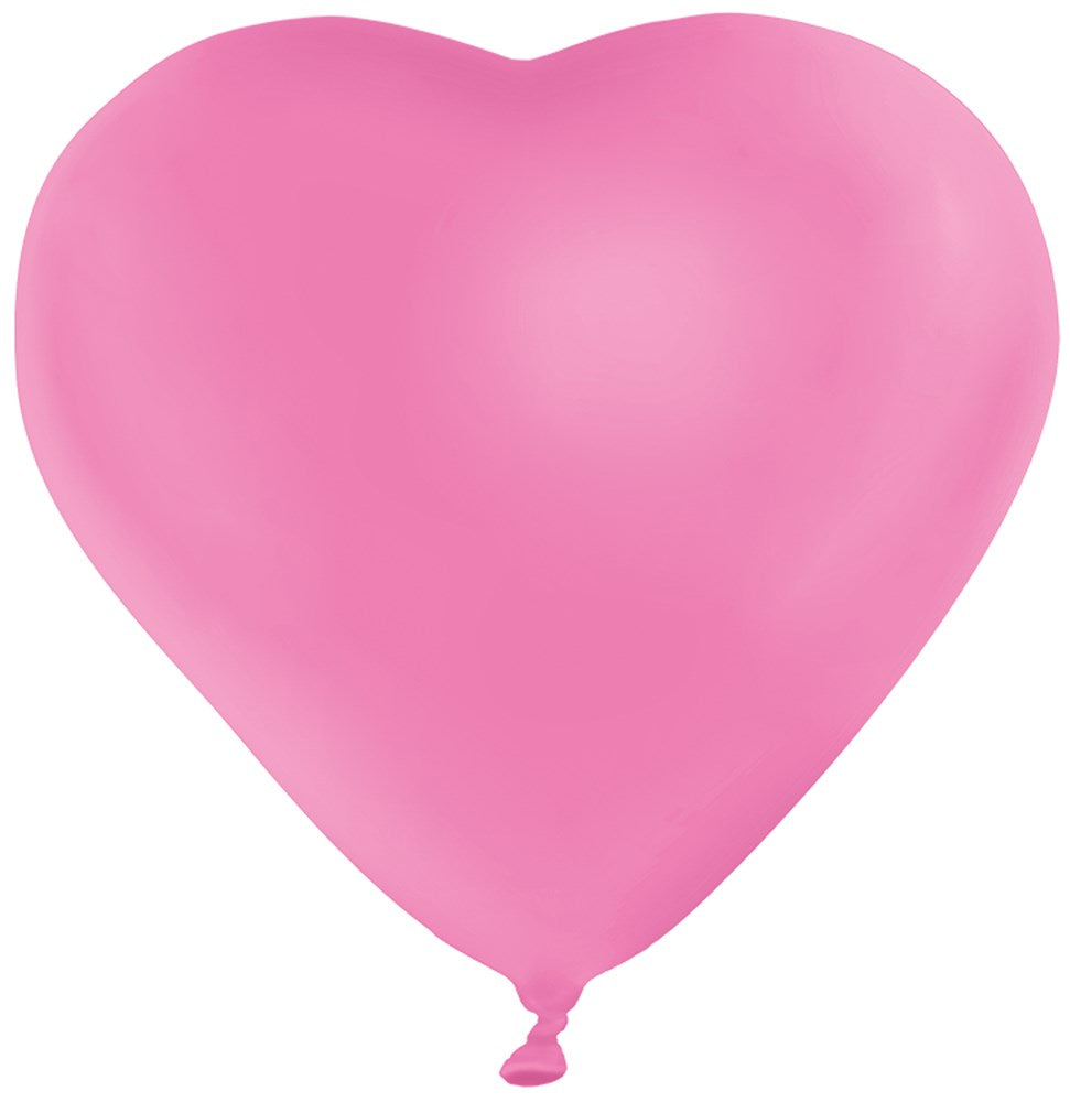 Bright pink latex balloon in a shiny heart shape, 11 inches, uninflated with tied end.
