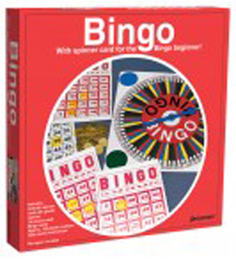 Red square Bingo game box featuring colorful bingo cards and a circular numbered bingo spinner on the cover.