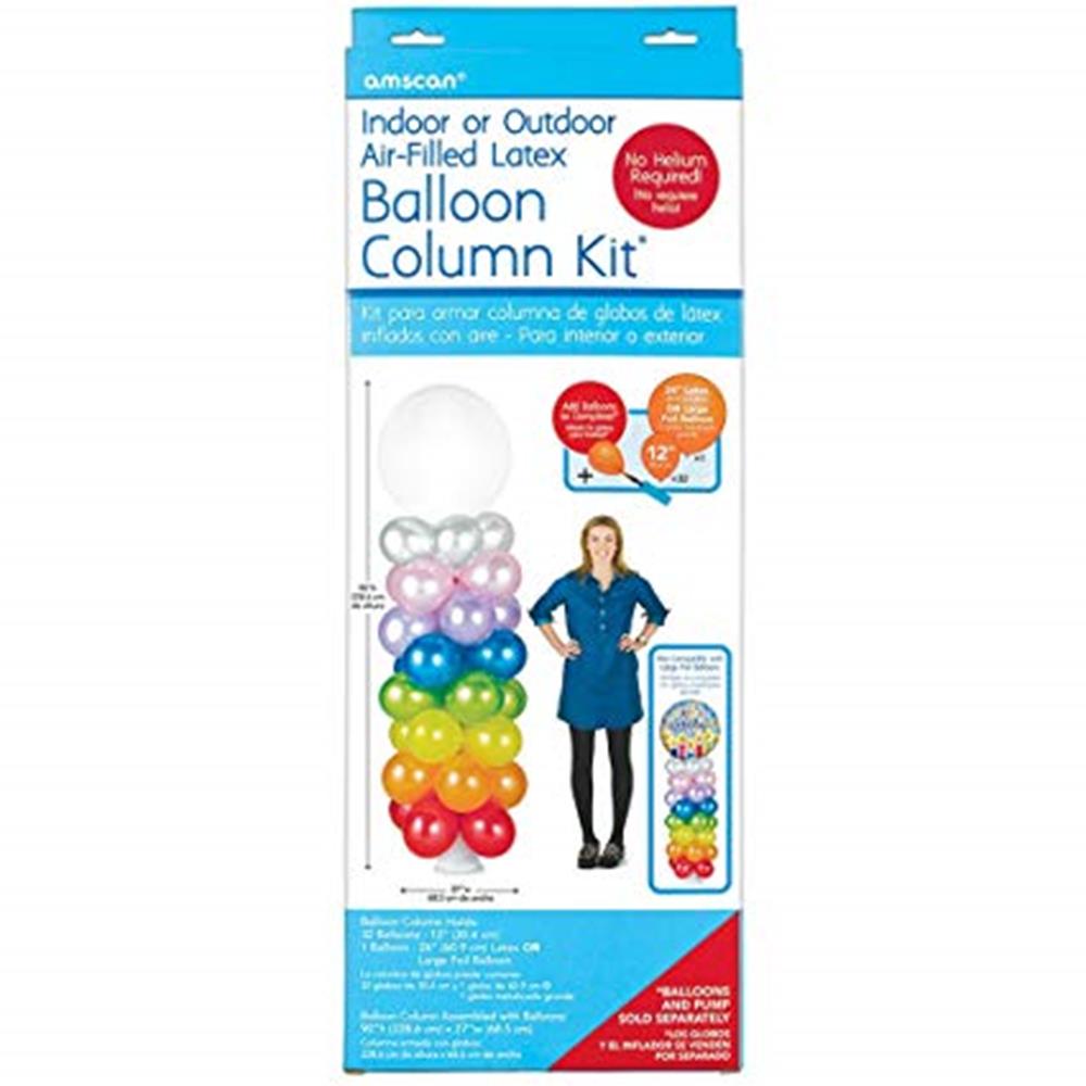 Colorful air-filled latex balloon column kit with red, yellow, green, blue, purple, pink, and white balloons stacked.