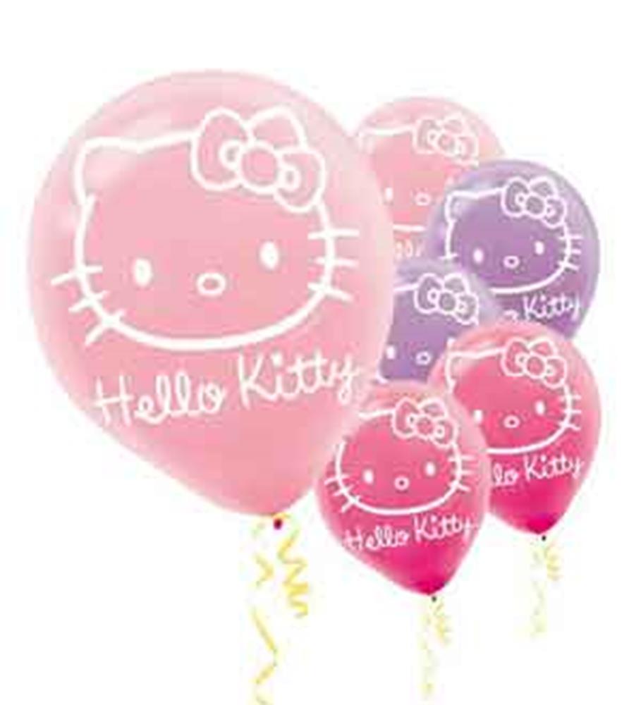 Assorted 12-inch latex balloons in pink, purple, and red with white Hello Kitty face and text designs.
