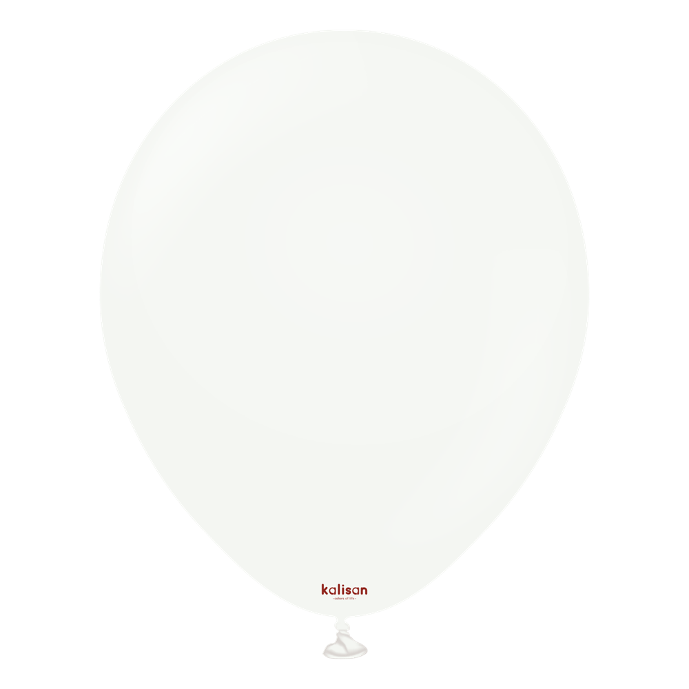 Round white latex balloon with 18-inch diameter, smooth surface, and small red "kalisan" logo near the tied end.