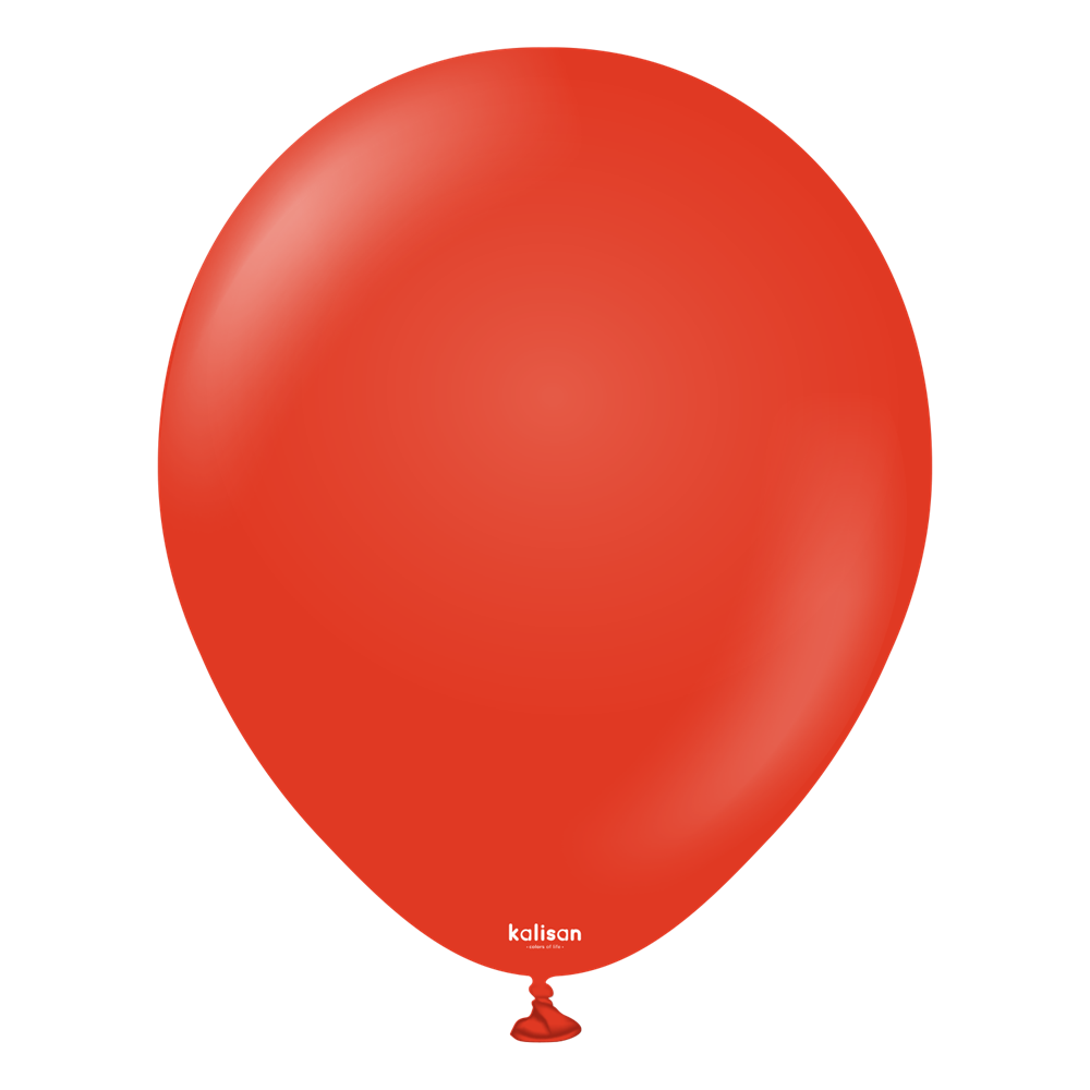 Bright red round latex balloon with small white Kalisan logo near the tied end.