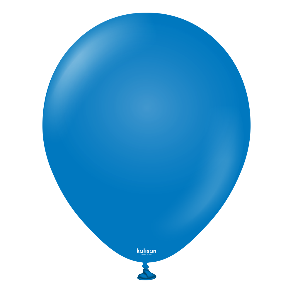 Bright blue 18-inch latex balloon inflated with a tied neck and smooth surface.