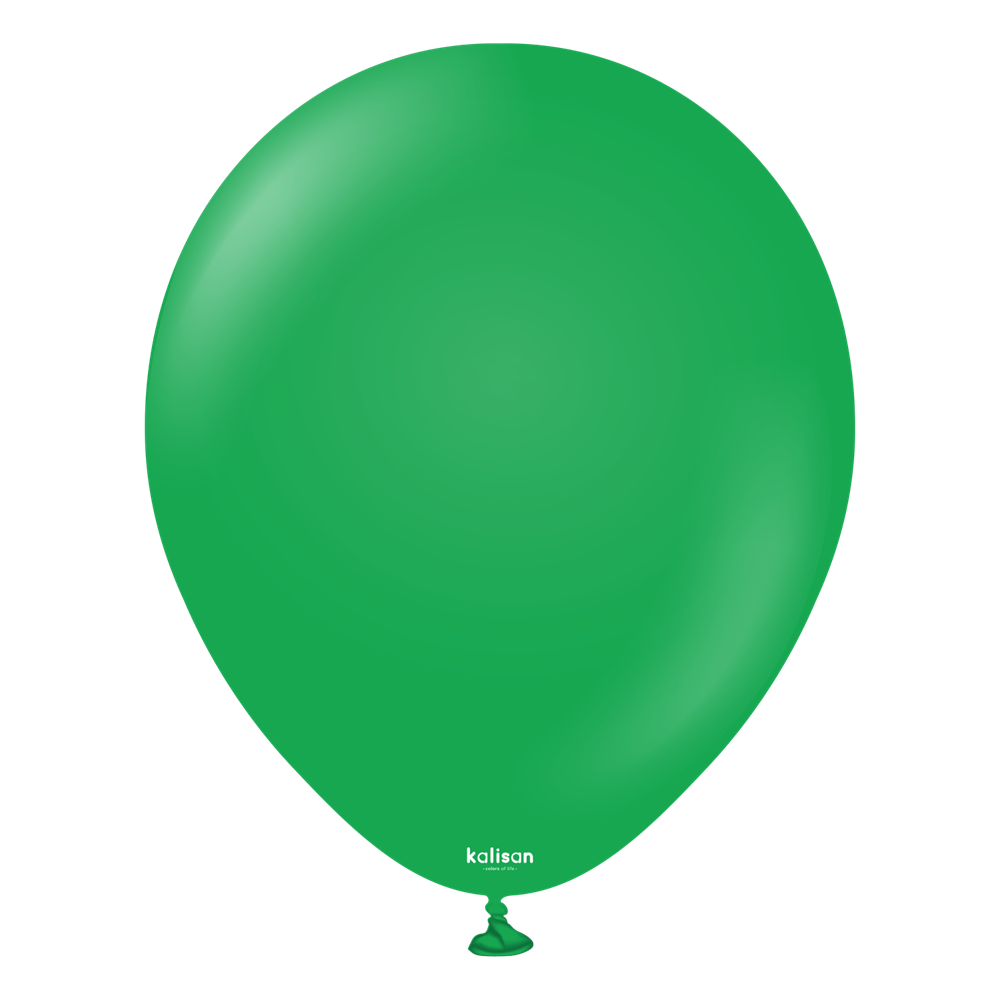 Bright green latex balloon inflated, round shape with tied neck, smooth surface.