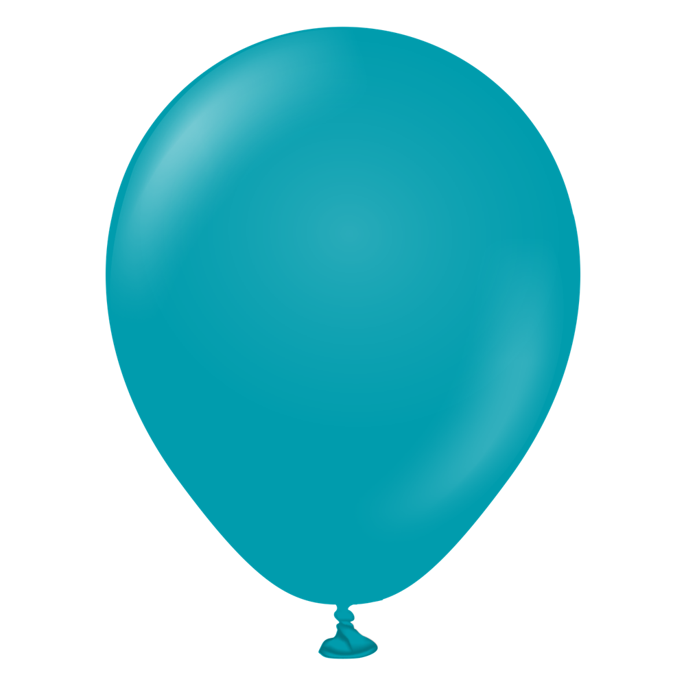 Glossy turquoise blue latex balloon inflated and tied at the bottom.