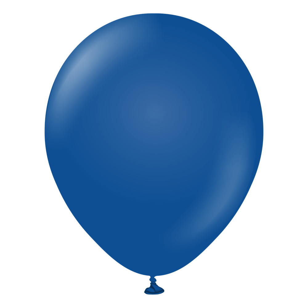 Dark blue latex balloon inflated, 18-inch round shape, smooth surface.