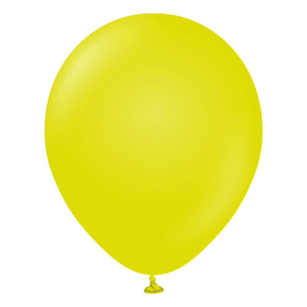 Lime green latex balloon inflated, smooth surface, round shape, tied end.