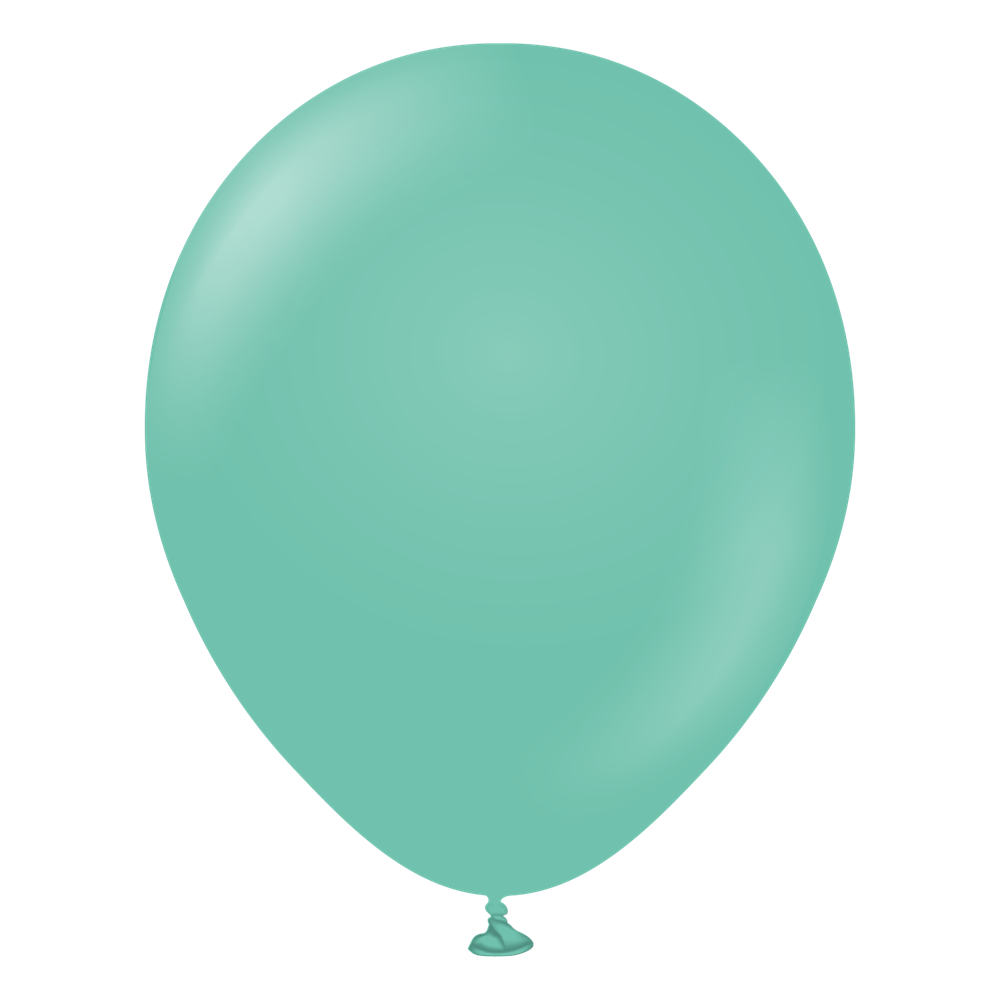 Sea green latex balloon with a rounded, slightly oval shape and tied end.