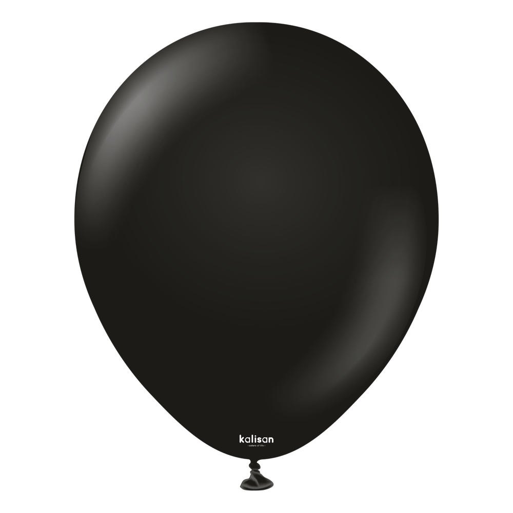 Matte black 18-inch round latex balloon with small white "kalisan" logo near the tied end.