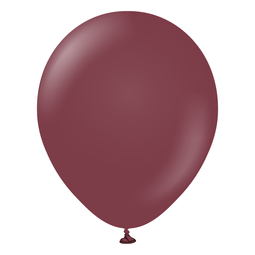 Deep burgundy round latex balloon, 18 inches, smooth surface with subtle shine, inflated and tied at the bottom.
