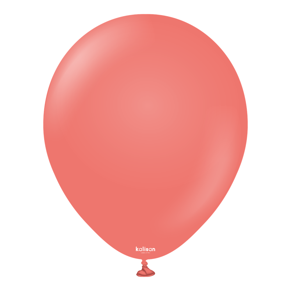 Coral-colored round latex balloon inflated, smooth surface, tied at the bottom.