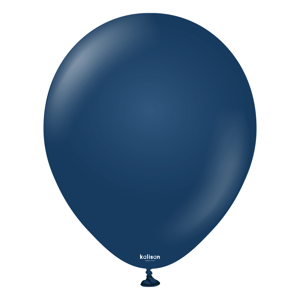 Navy blue 18-inch latex balloon with small white Kalisan logo near the tied end.