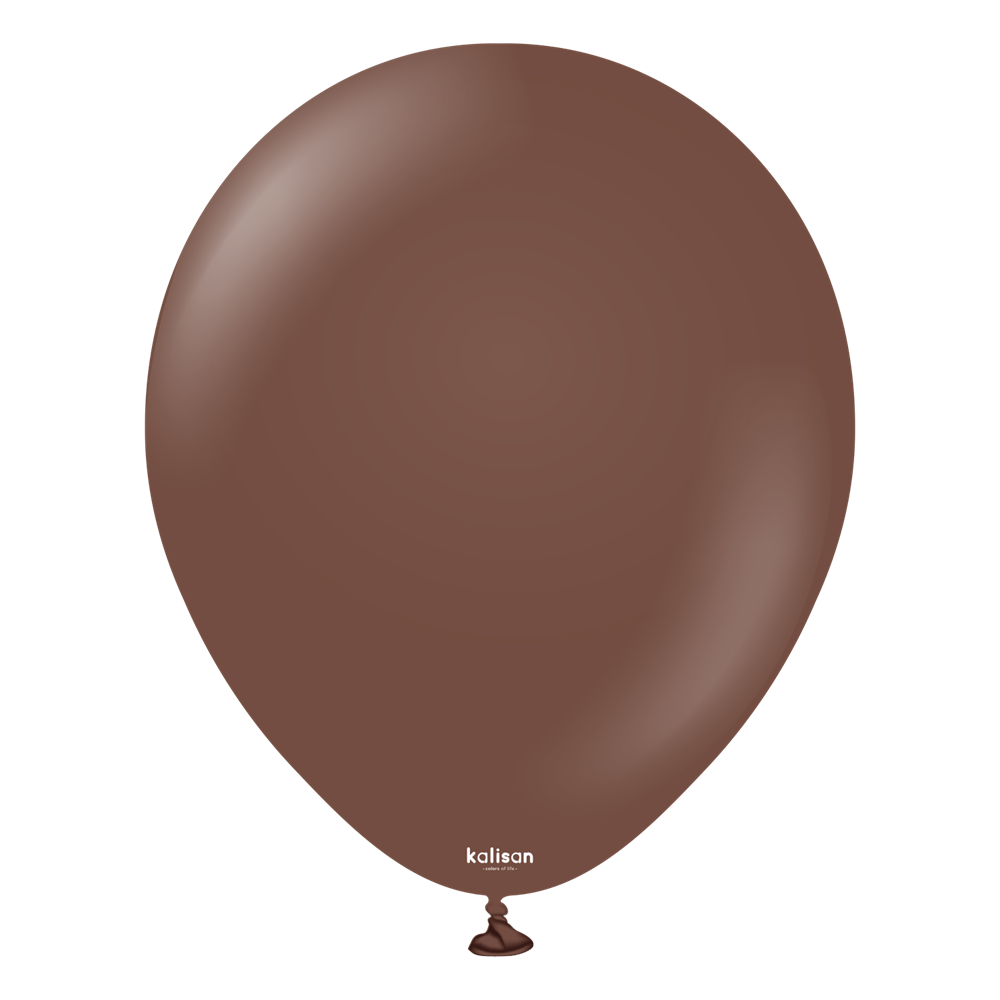 18 inch round chocolate brown latex balloon with a small knotted tail.